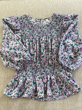Pleione Floral Purple & Green Smocked Peplum 3/4 sleeve blouse Size Small